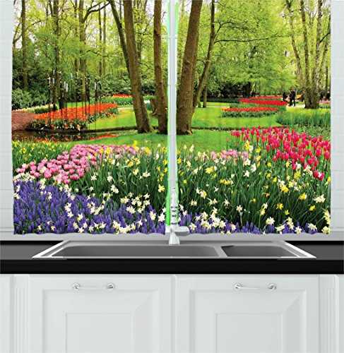 Ambesonne Nature Kitchen Curtains, Huge Garden with Flowers Grass Trees Roses Tulips Little Ponds and Leaves Artwork, Window Drapes 2 Panel Set for Kitchen Cafe Decor, 55" X 39", Multicolor