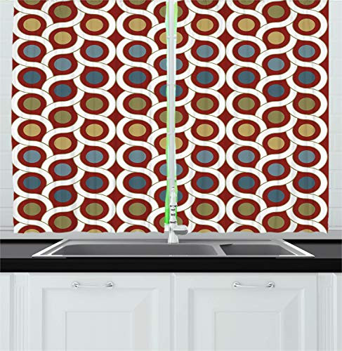 Ambesonne Abstract Kitchen Curtains, Geometric Interlace Circular Forms Dots Rounds in Symmetric Lines Art Design, Window Drapes 2 Panel Set for Kitchen Cafe Decor, 55" X 39", Ruby Khaki Blue