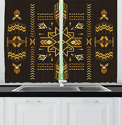 Ambesonne Geometric Kitchen Curtains, Tribal Hand Drawn Vintage Aztec Background in Vector Illustration Print, Window Drapes 2 Panel Set for Kitchen Cafe Decor, 55" X 39", Dark Brown Mustard