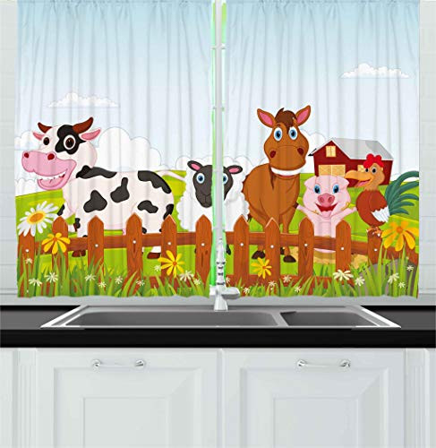Ambesonne Animal Kitchen Curtains, Farm Creatures with Cow Horse Goat Pig and Chicken by The Fences Kids Cartoon, Window Drapes 2 Panel Set for Kitchen Cafe Decor, 55" X 39", Pale Brown