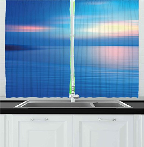 Ambesonne Landscape Kitchen Curtains, Panoramic Ocean Seascape View in Dawn or Sunset Romantic Print, Window Drapes 2 Panel Set for Kitchen Cafe Decor, 55" X 39", Turquoise Sky Blue