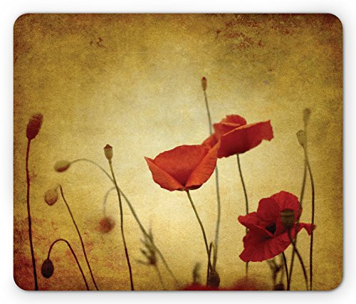 Ambesonne Poppy Mouse Pad, Poppies and Flower Buds on Ambient Dark Grunge Background with Retro Effects Bohemian, Rectangle Non-Slip Rubber Mousepad, Standard Size, Mustard Vermilion
