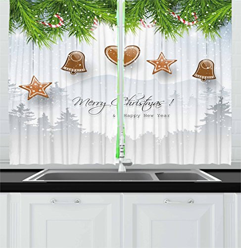 Ambesonne Christmas Kitchen Curtains, Gingerbread Cookies Hanging from Fir Branches Forest Silhouette, Window Drapes 2 Panel Set for Kitchen Cafe Decor, 55" X 39", Pale Brown Green Pale Grey