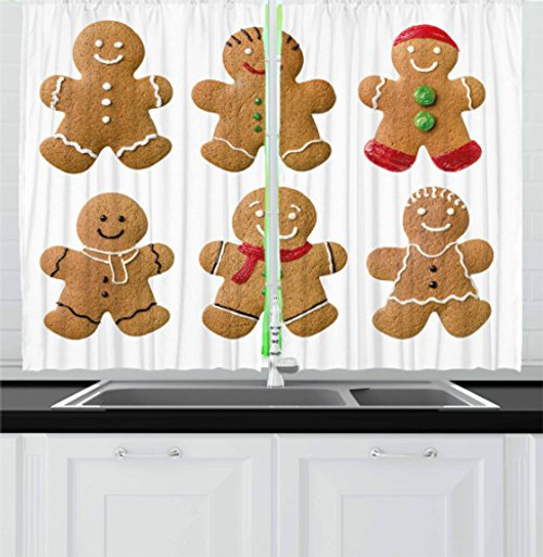 Ambesonne Gingerbread Man Kitchen Curtains, Vivid Homemade Biscuits Sugary Xmas Treats Tasty Pastry, Window Drapes 2 Panel Set for Kitchen Cafe Decor, 55" X 39", Pale Brown Red Green Ambesonne Gingerbread Man Kitchen Curtains, Vivid Homemade Biscuits Sugary Xmas Treats Tasty Pastry, Window Drapes 2 Panel Set for Kitchen Cafe Decor, 55" X 39", Pale Brown Red Green