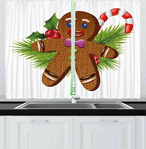 Ambesonne Gingerbread Man Kitchen Curtains, Tasty Pastry on Coniferous Branches Candy Cane and Holly Berry, Window Drapes 2 Panel Set for Kitchen Cafe Decor, 55" X 39", Brown Green Red