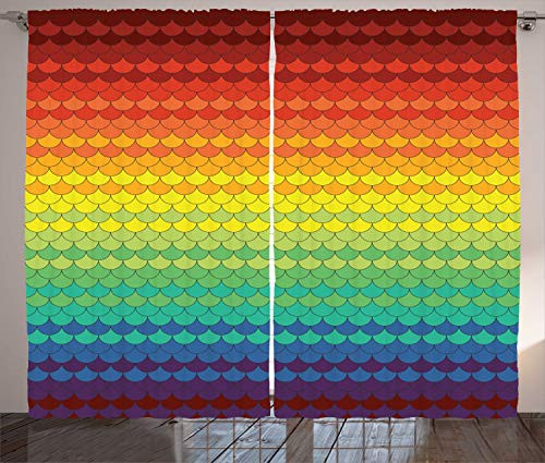 Ambesonne Fiesta Curtains, Colorful Scale Pattern Snake and Dragon Skin Abstract Composition Rainbow Inspired, Living Room Bedroom Window Drapes 2 Panel Set, 108" X 84", Red
