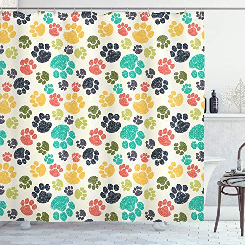 Ambesonne Dog Lover Shower Curtain, Hand Drawn Paw Print Doodles Circular Pattern Children Drawing Style Animal, Cloth Fabric Bathroom Decor Set with Hooks, 70" Long, Charcoal Beige
