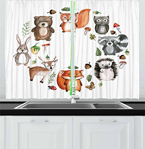 Lunarable Woodland Kitchen Curtains, Animals of The Forest Mushrooms Acorns Circular Frame Cartoon Pastel Colors, Window Drapes 2 Panel Set for Kitchen Cafe Decor, 55" X 39", Pale Orange