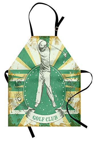 Lunarable Vintage Apron, Retro Poster Print Man Playing Golf Golf Club Words on Grunge Background, Unisex Kitchen Bib with Adjustable Neck for Cooking Gardening, Adult Size, Yellow Beige