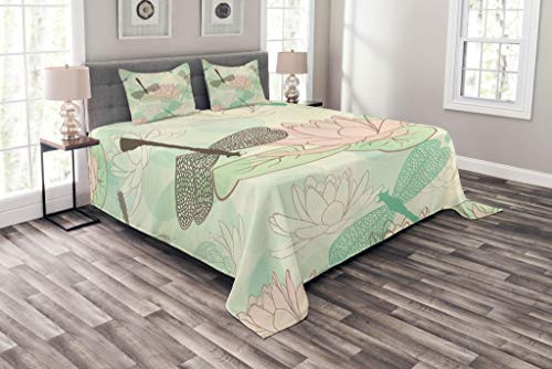 Lunarable Dragonfly Bedspread, Floating Water Lily and Dragonfly on The Lake in Soft Color Design Print, Decorative Quilted 3 Piece Coverlet Set with 2 Pillow Shams, Queen Size, Green Pink