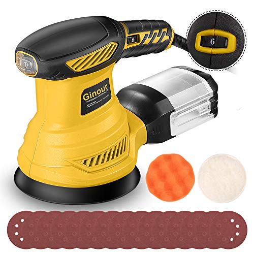 Random Orbit Sander, Ginour 5-Inch Sander Machine with 15Pcs Sandpapers, Sponge Disc and Wool Disc, 6 Variable Speed, Efficient Dust Collection System, Ideal for Sanding, Finishing, Polishing Wood
