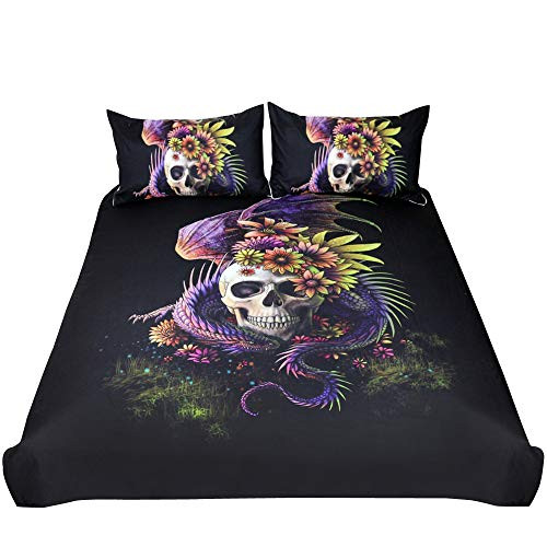 feelyou Skull Duvet Cover Set Full Size Floral Skull Pattern Bedding Set Bones Skeleton Print Microfiber Comforter Cover Set with 2 Pillow Shams, Horror Bed Cover Ultra Soft Breathable Zipper 3 Pieces