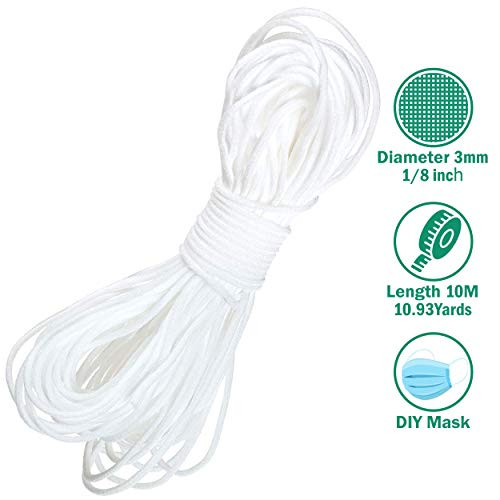 Elastic Sewing - White cord string for masks 1/8 inch(3mm) 10 Meters(10.93 Yards) Round Band Stretch Durable Handmade Earloop for Face Mask DIY Sewing and Crafting