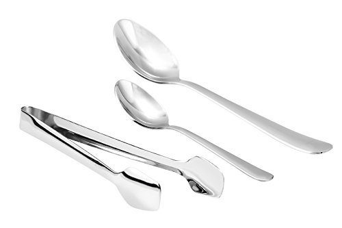 KItchen Kemistry 100% Stainless Steel Tea/Coffee party Server set of 3 Piece. (Includes Sugar Tong 11.5 Cm, Coffee Spoon 14 Cm & Tea Spoon 11.5 Cm.)