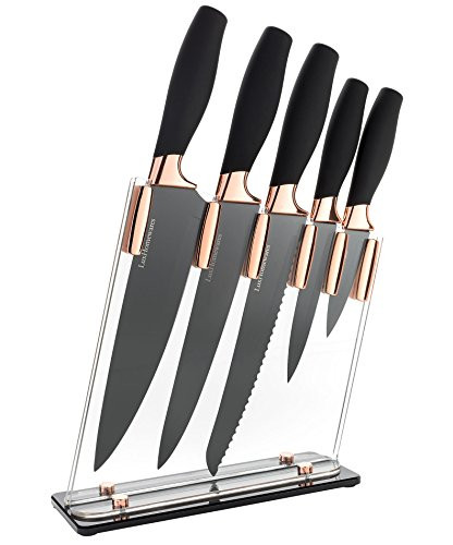 6 Piece Knife Set | 5 Beautiful Rose Gold Knives with Knife Block | Sharp Kitchen Knife Sets | Multiple Size, All Purpose Kitchen Knives | 8 Chef, Bread, Carving Knife | Utility & Paring Knife