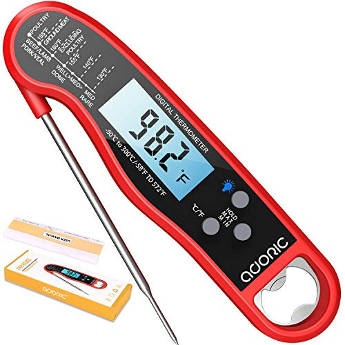 Digital Instant Read Meat Thermometer, Adoric Waterproof Food Thermometer with Backlight LCD, Kitchen Cooking Thermometer Probe for Grilling Oven Smoker BBQ(Red)