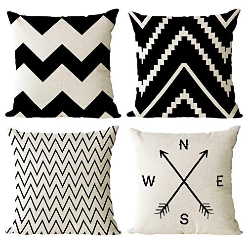 YeeJu Set of 4 Geometric Black and White Decorative Throw Pillow Covers Cotton Linen Square Cushion Covers Outdoor Couch Sofa Home Pillow Cases 16x16 Inch