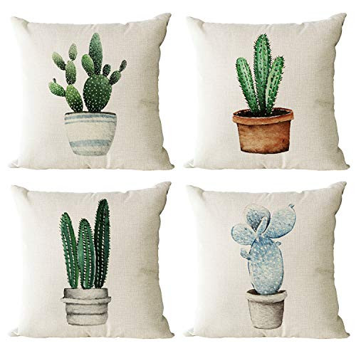 YeeJu Set of 4 Cactus Plant Decorative Throw Pillow Covers Square Cotton Linen Cushion Covers Outdoor Couch Sofa Home Pillow Cases 18x18 Inch