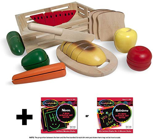 Melissa & Doug Cutting Food Set: Wooden Play Food Set + Free Scratch Art Mini-Pad Bundle [04872]