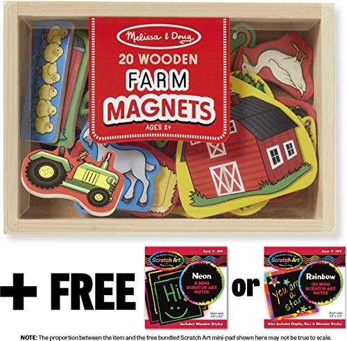 Melissa & Doug Farm Wooden 20 Magnets-in-a-Box Gift Set + FREE Scratch Art Mini-Pad Bundle [92791]