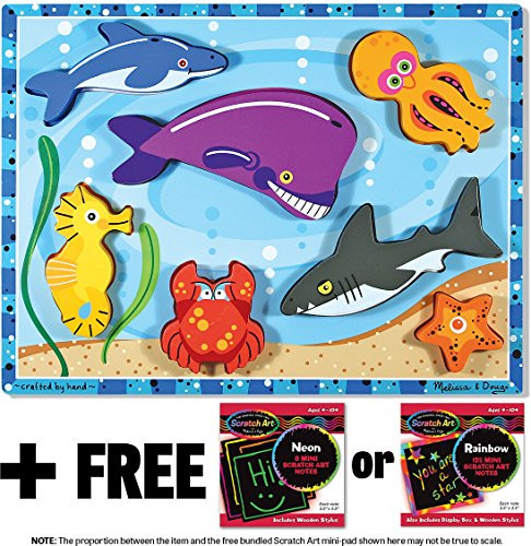 Melissa & Doug Sea Creatures Themed Chunky Puzzle & 1 Scratch Art Mini-Pad Bundle (03728)