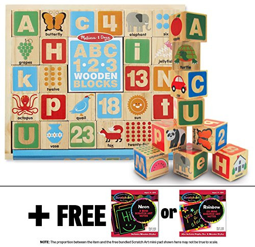 Melissa & Doug ABC & 123 Wooden Blocks & 1 Scratch Art Mini-Pad Bundle (02253)