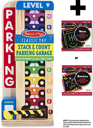 Melissa & Doug Wooden Stack & Count Parking Garage Classic Toy + Free Scratch Art Mini-Pad Bundle [51828]