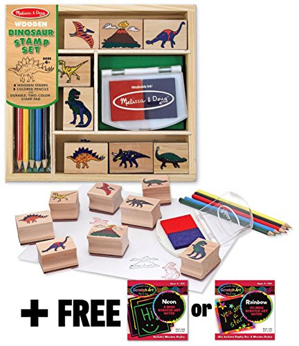 Melissa & Doug Dinosaur: Wooden Stamp Set + FREE Scratch Art Mini-Pad Bundle [16339]