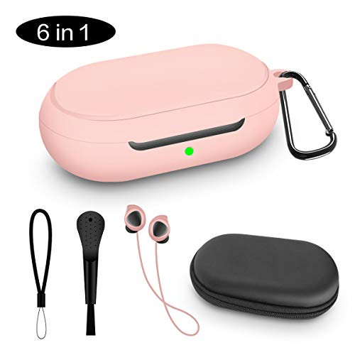 Upgrade Protective Case for Samsung Galaxy Buds/Plus +, WQNIDE Accessories Set Silicone Cover, Anti Shock with/Keychain/Anti-Lost lanyards/Clean Brush/Box for Samsung Galaxy 2020 (Pink 6 in 1)