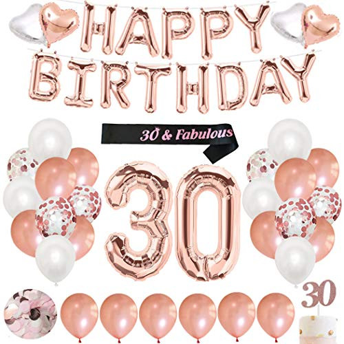 Finypa 30th Birthday Decorations for Women - 30th Happy Birthday Decoration Gold Rose with Sash, Number 30 Foil Balloon, Happy Birthday Banner, Happy 30th Birthday Cake Topper Finypa 30th Birthday Decorations for Women - 30th Happy Birthday Decoration Gold Rose with Sash, Number 30 Foil Balloon, Happy Birthday Banner, Happy 30th Birthday Cake Topper