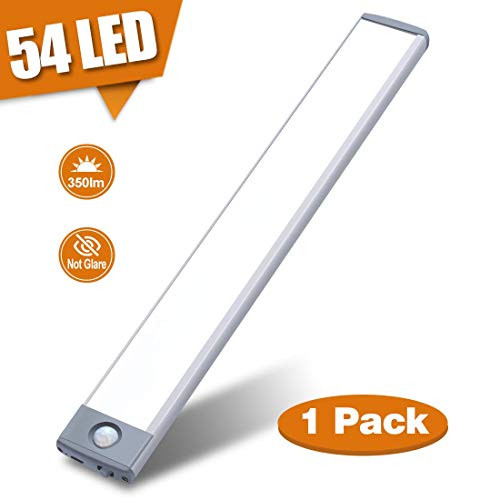 Under Cabinet Lighting 54 LEDs Closet Light Motion Sensor Wireless Under Counter Lighting with 2500mAh Rechargeable Large Battery, 350lm Super Bright for Kitchen, Stairs, Hallway