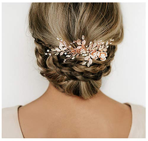 SWEETV Wedding Hair Comb Rhinestone Bridal Hair Clip-Handmade Wedding Hair Accessories for Brides and Bridesmaid,Rose Gold