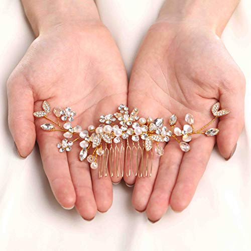 Aukmla Bride Wedding Hair Combs Crystal Hair Piece Pearl Hair Accessories for Bride and Bridesmaids HC-34 (Gold)