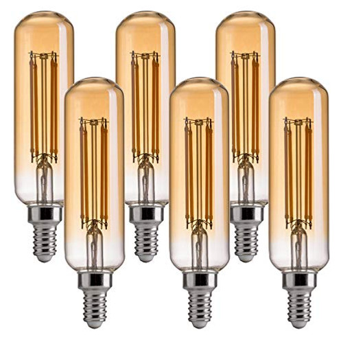 FLSNT Dimmable LED T10 Edison Light Bulbs,2200K Warm White,4.5W(40 Watts Equivalent),330LM,CRI80,Amber Glass Finishing,E12 Candelabra Base,6 Pack
