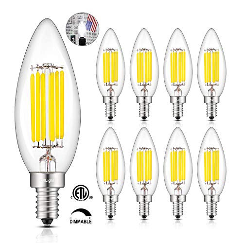 CRLight 6W 5000K LED Candelabra Bulb Daylight White, 65W Equivalent 650 Lumens Dimmable E12 Base LED Candle Bulbs, Vintage Edison B10 Clear Glass Torpedo Shape Chandelier Light Bulbs, 8 Pack