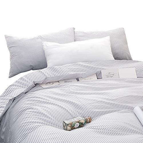 Wake In Cloud - Gray White Striped Duvet Cover Set, 100% Cotton Bedding, Grey Vertical Ticking Stripes Pattern Printed on White, with Zipper Closure (3pcs, Twin Size)