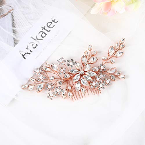 Catery Flower Crystal Bride Wedding Hair Comb Hair Accessories with Pearl Bridal Side Combs Headpiece for Women (Silver) (Rose Gold)