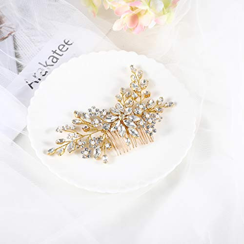 Catery Flower Crystal Bride Wedding Hair Comb Hair Accessories with Pearl Bridal Side Combs Headpiece for Women (Silver) (Gold)