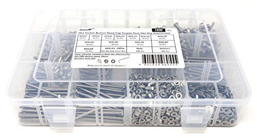 iExcell 1500 Pcs Stainless Steel 304 M3 Hex Socket Button Head Cap Screws, Nuts, Washers and Hex Key Wrench Kit
