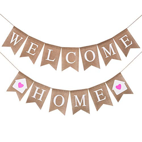 Welcome Home Banner Burlap SignRustic Vintage Inspired Party Buntings for Welcome Party,Great for Baby Shower,Wedding Celebration,Mantle,Home Party Decor,No DIY Required (2 PCAK Welcome Home Banner)