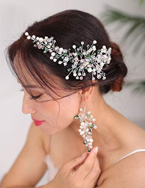 Denifery Emerald Bridal Hair Piece Green Bridal Accessory Bridal Hair Vine Turquoise Wedding Headband Bridal Hair clip Pearl Hair Comb Jewelry Set,Set of 2 (Gold)