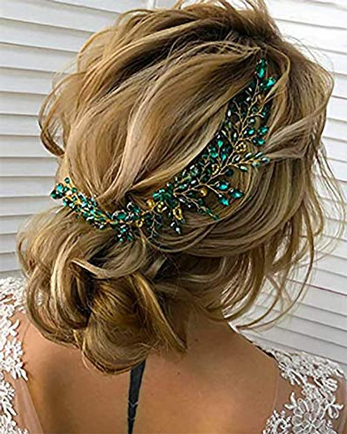 Denifery Emerald Wedding Hair Piece Green Hair Vine Bridal Gold Jewelry Headpiece Wedding Hair Accessories