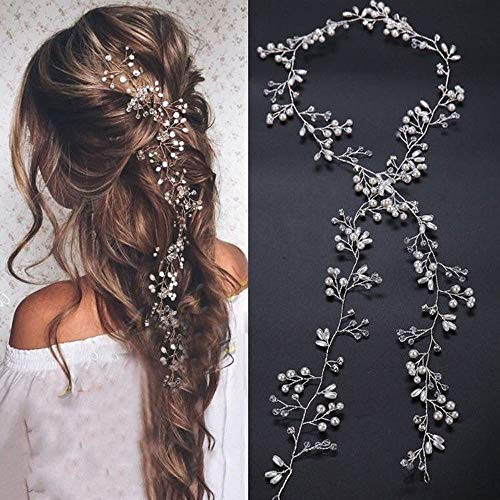 Denifery Bridal Rose Gold and Gold Silver Extra Long Pearl and Crystal Beads Bridal Hair Vine Wedding Head Piece Bridal Hair Accessories Headband Hair Jewelry Hair Accessories (Silver)