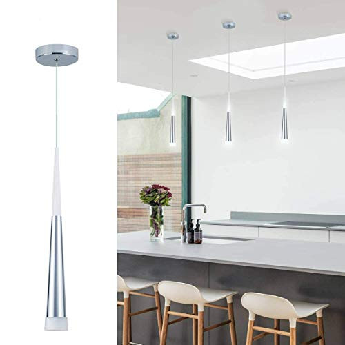 Bewamf Mini LED Cone Pendant Light Silver Finish with Acrylic Shade Adjustable Modern Pendant Lighting for Kitchen Island Dining Room Bar,Warm White 3000K,9W,1-Pack