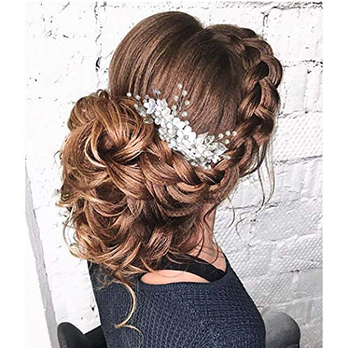 Jeairts Flower Pearl Bride Wedding Hair Comb Hair Piece Silver Floal Crystal Side Combs Headpiece Bridal Leaves Rhinestones Hair Dress Decorative Hair Accessories for Women and Girls