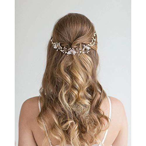 Catery Flower Bride Wedding Hair Comb Leaf Crystal Hair Jewelry Headpieces Pearl Side Combs Bridal Decorative Prom Hair Accessories for Women and Girls (Gold)