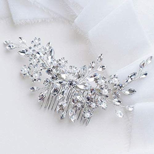 Catery Flower Crystal Bride Wedding Hair Comb Hair Accessories with Pearl Bridal Side Combs Headpiece for Women (Silver) (Silver)