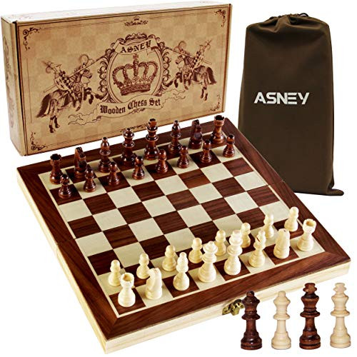 ASNEY Upgraded Magnetic Chess Set, 12 x 12 Folding Wooden Chess Set with Magnetic Crafted Chess Pieces, Chess Game Board Set with Storage Slots, Includes Extra Kings, Queens and Carry Bag