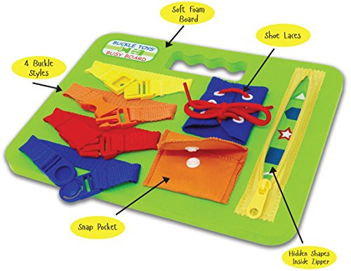 Buckle Toys Busy Board - Learning Activity Toy - Develop Motor Skills and Problem Solving - Learn to Tie Shoes - Easy Travel Toy