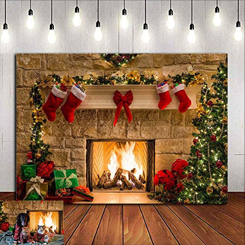 Fireplace Holiday Photography Backdrop Photo Booths Studio Props Vinyl 7x5ft Christmas Stocking Tree Photo Background Winter Xmas Birthday Party Decorations Baby Shower Supplies